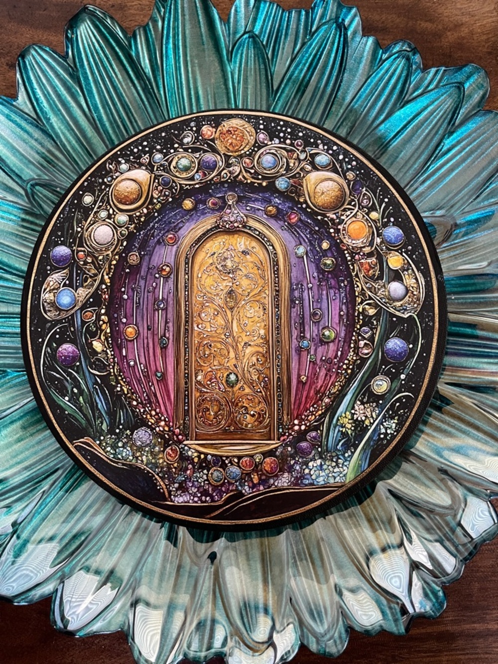 Decoupaged Mystical Door Wall Art - Gold & Teal 10” Canvas